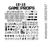Set of 8-bit pixel graphics icons. Isolated vector illustration. Game art. black and white image, dialog bubbles, buttons, computer icons, music notes, music