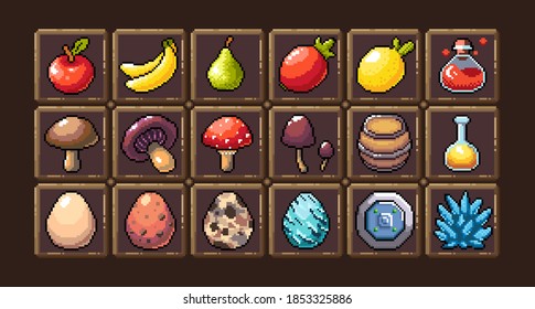 Set of 8-bit pixel graphics icons. Isolated vector illustration. Fruits, elixir, potions, mushrooms, eggs