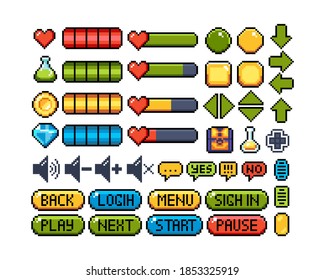 Set of 8-bit pixel graphics icons. Isolated vector illustration. Game interface button, navigation and notation elements, symbols