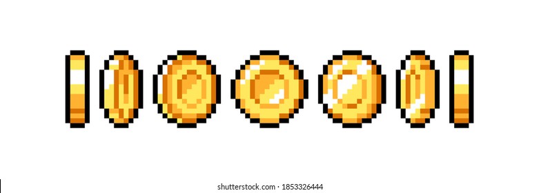 Set of 8-bit pixel graphics icons. Isolated vector illustration. Game art. Coins of gold for animation