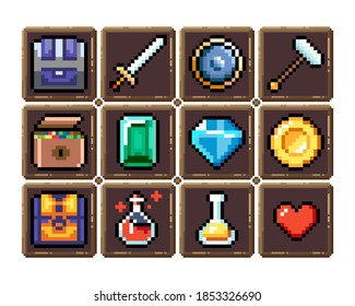 Conjunto de iconos gráficos de píxeles de 8 bits. Ilustración vectorial aislada. Armas, joyas, pociones, cofres