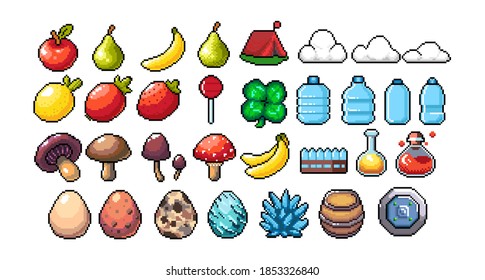 Set of 8-bit pixel graphics icons. Isolated vector illustration. Fruits, elixir, potions, mushrooms, eggs.