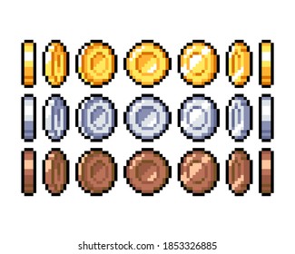 Conjunto de iconos gráficos de píxeles de 8 bits. Ilustración vectorial aislada. Monedas de oro, plata y bronce para la animación