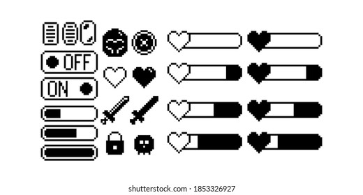 Set Of 8-bit Pixel Graphics Icons. Isolated Vector Illustration. Game Art. Black And White Image, Game Icons. Weapons, Dialogue Bubbles