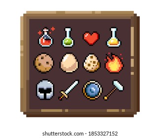 Set of 8-bit pixel graphics icons. Isolated vector illustration. Game art. Weapons, jewelry, potions,