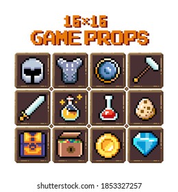 Set of 8-bit pixel graphics icons. Isolated vector illustration. Game art. potions, weapons, valuables