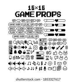 Set Of 8-bit Pixel Graphics Icons. Isolated Vector Illustration. Game Art. Black And White Image, Dialog Bubbles, Buttons, Computer Icons, Music Notes, Music