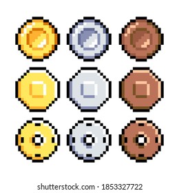 Set of 8-bit pixel graphics icons. Isolated vector illustration. Game art. coins of bronze, gold, silver