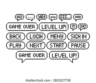 Set of 8-bit pixel graphics icons. Isolated vector illustration. Game art. black and white image, dialogue bubbles on the theme of computer games