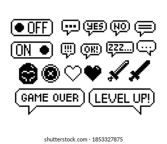 Set Of 8-bit Pixel Graphics Icons. Isolated Vector Illustration. Game Art. Black And White Image, Game Icons. Weapons, Dialogue Bubbles