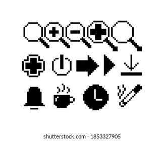 Set of 8-bit pixel graphics icons. Isolated vector illustration. Game art. black and white image, computer icons, cursor, files, clock, battery