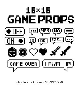 Set of 8-bit pixel graphics icons. Isolated vector illustration. Game art. black and white image, game icons. weapons, dialogue bubbles