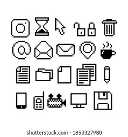 Set of 8-bit pixel graphics icons. Isolated vector illustration. Game art. black and white image, computer icons, cursor, files, recycle bin