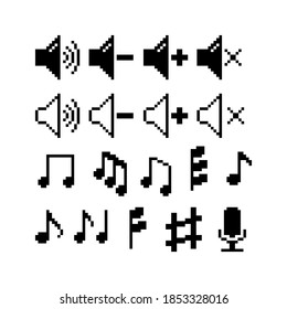 Set of 8-bit pixel graphics icons. Isolated vector illustration. Game art. black and white image, note, sound, volume level