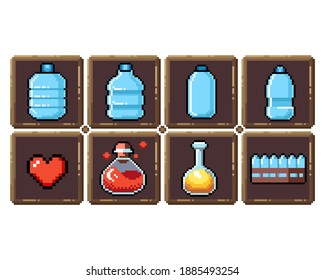 Set of 8-bit pixel graphics icons. Isolated vector illustration. Fruits, elixir, potions, mushrooms, eggs.