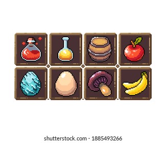 Set of 8-bit pixel graphics icons. Isolated vector illustration. Fruits, elixir, potions, mushrooms, eggs.