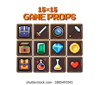 Set of 8-bit pixel graphics icons. Isolated vector illustration. Fruits, elixir, potions, mushrooms, eggs.