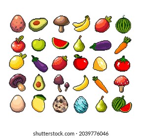 Set of 8-bit pixel graphics icons. Isolated vector illustration. Fruits, elixir, potions, mushrooms, eggs.