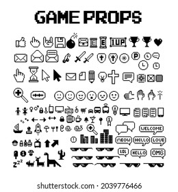 Set of 8-bit pixel graphics icons. Isolated vector illustration. Game art. black and white image, dialog bubbles, buttons, computer icons, music notes, music