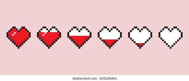 Conjunto de iconos gráficos de píxeles de 8 bits. Arte de juegos. Corazones para la animación