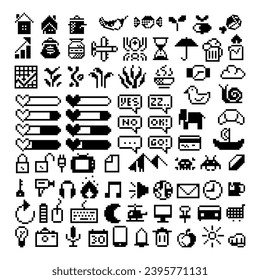  Set of 8-bit pixel graphics icons. Game art.