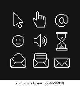 Set of 8-bit pixel icons. Isolated vector illustration. Black and white image. Emoji, computer icons, musical notes, cursor and letters.