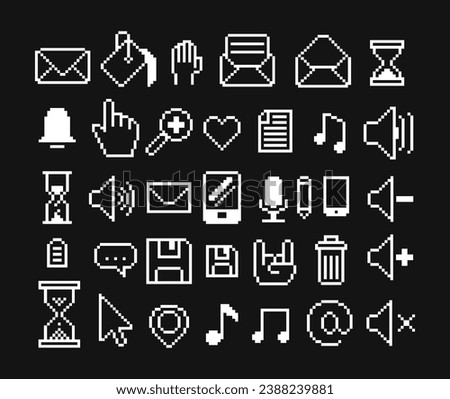 Set of 8-bit pixel icons. Isolated vector illustration. Black and white image. Buttons, computer icons, musical notes, cursor and letters