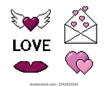 A set of 8-bit pixel icons for Valentine's Day, featuring hearts and love symbols, ideal for mobile applications and games. Retro pixel art style vector illustration.
