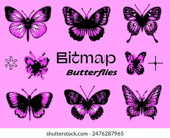 A set of 8-bit pixel-art style stickers with an illustration of butterflies on a pink background. Collection of fancy y2k retro elements for design.