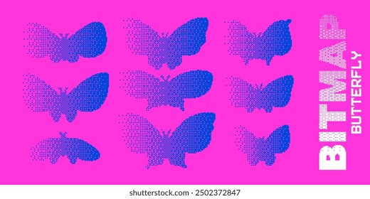 Set of 8-bit pixel-art style stickers with an flat gradient butterflies silhouettes on a pink background. Collection of fancy y2k retro bitmap elements for design. Vector illustration.