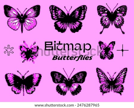 A set of 8-bit pixel-art style stickers with an illustration of butterflies on a pink background. Collection of fancy y2k retro elements for design.