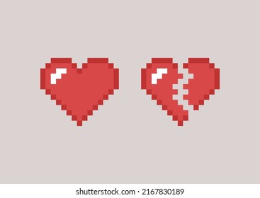 A set of 8-bit red hearts, love and heartbreaks, cute old school icons