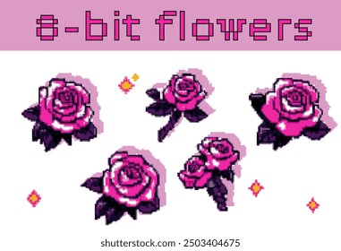 Set of 8-bit retro style flowers isolated on a white background. Pixel art of pink cute roses for video game design.