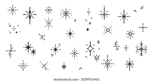 Set of 8-bit sparkle. Scattered pixel glitter stars. Vibrant isolated sparks. Retro Y2K space shapes with festive cosmic light.