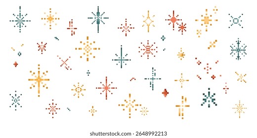 Set of 8-bit sparkling pixel. Retro Y2K shapes with festive light. Scattered pixel glitter stars.