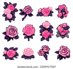 Set of 8-bit style flowers isolated on a white background. Pixel art of pink cute roses for retro video game design.