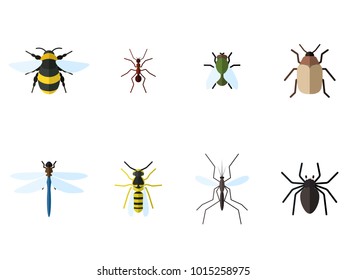 Set of 8insects icons in flat style. Bee, ant, fly, beetle and other