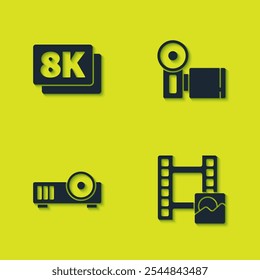 Set 8k Ultra HD, Play Video, Media projector and Cinema camera icon. Vector