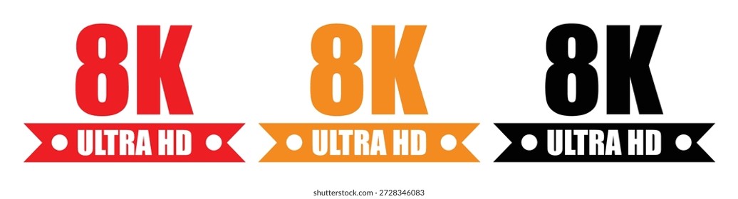 Conjunto de iconos de resolución 8K Ultra HD en colores rojo, naranja y negro con Anuncios decorativos.