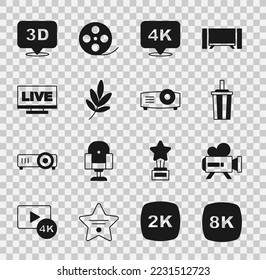 Set 8k Ultra HD, Retro cinema camera, Paper glass with water, 4k, Movie trophy, Live stream, 3D word and Movie, film, media projector icon. Vector