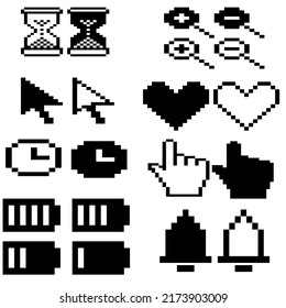 Conjunto de símbolos negros y blancos de 8 píxeles, corazones, baterías, flechas, relojes y más.