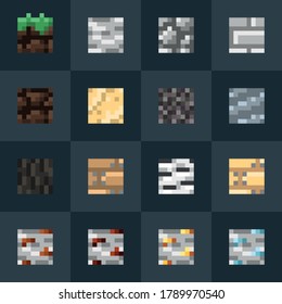 A set of 8x8 pixel tiles for pc or mobile game. All sprites are seamless. This set contains: earth, grass, sand, stone, ore, rock, wood, plank, bricks. See more pixel sprites for games in my profile.