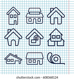 Set of 9 10 outline icons such as tape, home, house building