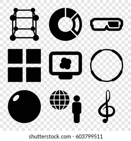 Set of 9 3d filled icons such as treble clef, globe and man, pie chart, atom on display, 3d glasses, cube, bowling ball