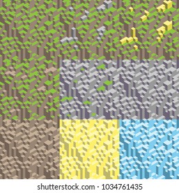 Set of 9 3d isometric seamless pattern. Cube landscape.