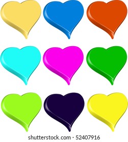 Set of 9 3D vibrant colorful hearts isolated illustration vector