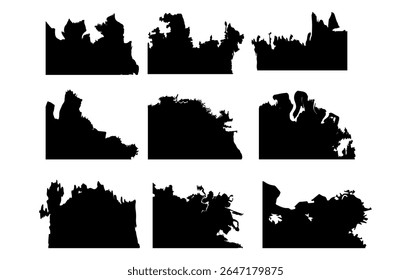 Um conjunto de 9 formas de silhueta preta abstratas com falésias irregulares, terreno rochoso, bordas de fusão e formas de terreno fictícias. Perfeito para mapas, cartazes, arte digital e sobreposições criativas