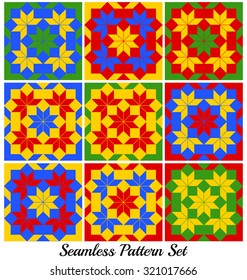 Set of 9 abstract colorful geometric seamless patterns with rhombus and squares