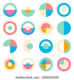 Set of 9 abstract colorful logos. Design element for branding and marketing companies. Cheerful rainbow icon with circles, semicircles, geometric shapes. Isolated vector graphics.