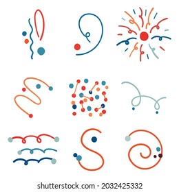 Set of 9 abstract colorful logos. Design element for branding and marketing companies. Cheerful rainbow icon with circles, doodles, geometric shapes, lines. Hand drawn vector graphics.